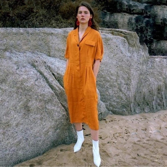 Frontrow Maison Marais Sablier Linen Blend Pleated Midi Shirt Dress Navy Small - Picture 3 of 16